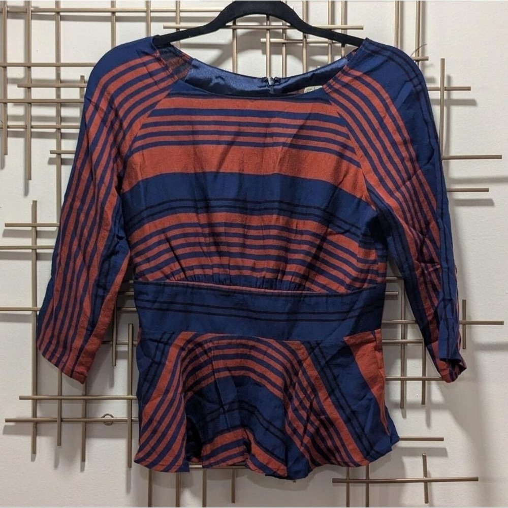 Eva Franco Peplum Top Blue Rust Striped 3/4 Sleeve Blouse Sz 4 Office Classy